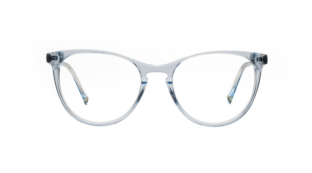 Feminine frame with a keyhole bridge. It is a teardrop shape with a slight uplift. A very flattering look for a delicate face.