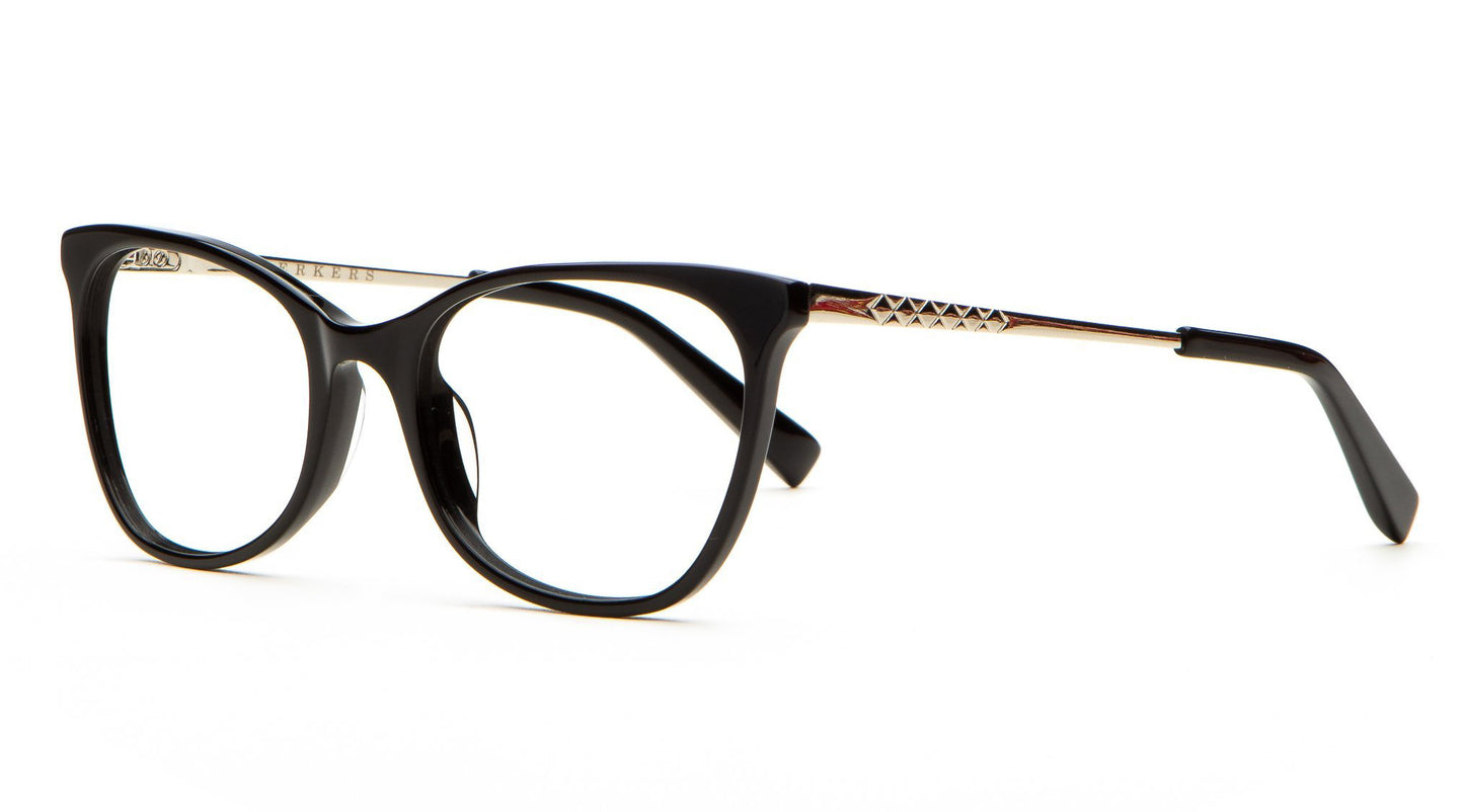 A feminine frame with a soft upsweep and slight cat-eye shape.