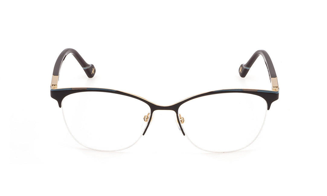 The Chen prescription glasses feature a metal half-circle front piece and acetate temples, embellished with a metal logo plate sporting coloured enamel detailing. An accessory that adapts to any style.