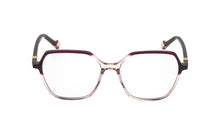 Load image into Gallery viewer, Sanna is the prescription glasses style featuring a hexagonal-shaped acetate front piece and acetate temples. The small metal cubes inserted into the temples host the monogram. The acetate glued onto the front piece is the detail that makes the difference in this colour variant.